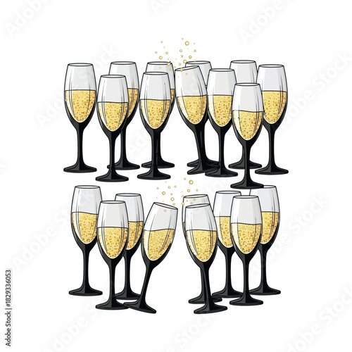 Group of champagne flutes filled with bubbly golden liquid isolated on white background