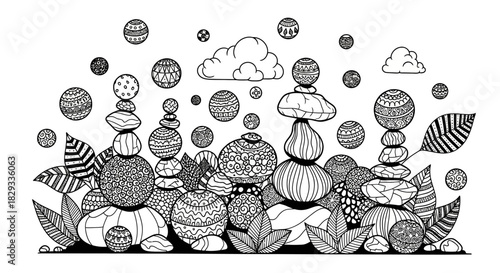 Intricate illustration of stacked stones and decorative orbs amidst leafy plants and clouds