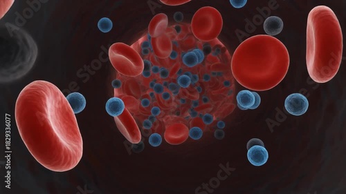 Malignant tumor cells circulating inside a human artery alongside healthy blood cells conceptualizing oncology and cellular pathology