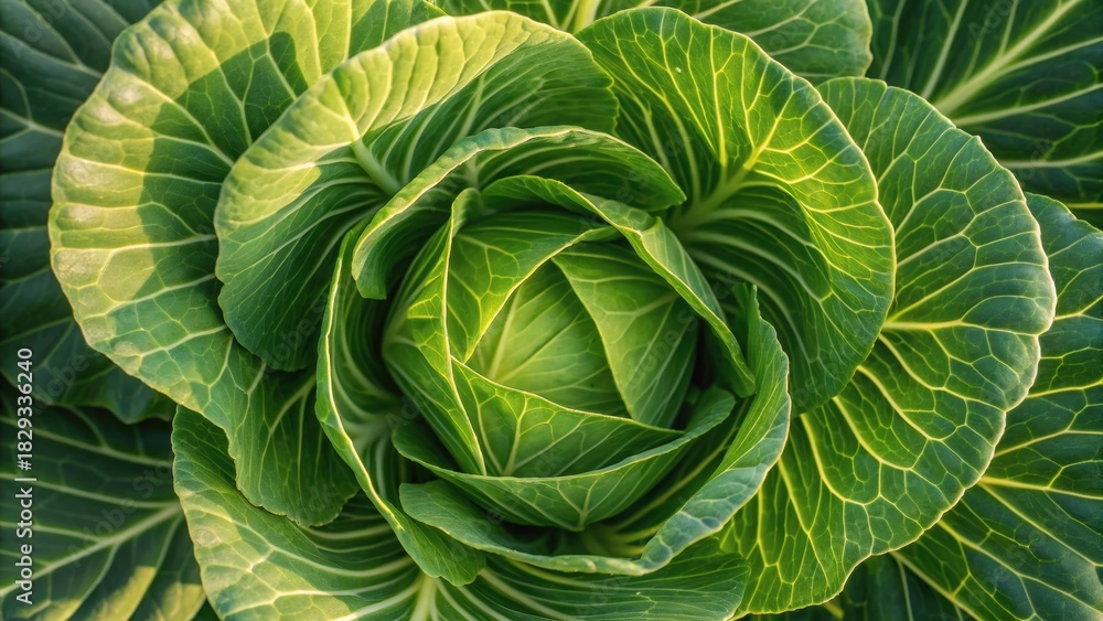 Fototapeta premium Close-up of a fresh, green cabbage with intricate leaf patterns and a vibrant appearance, showcasing its natural beauty.