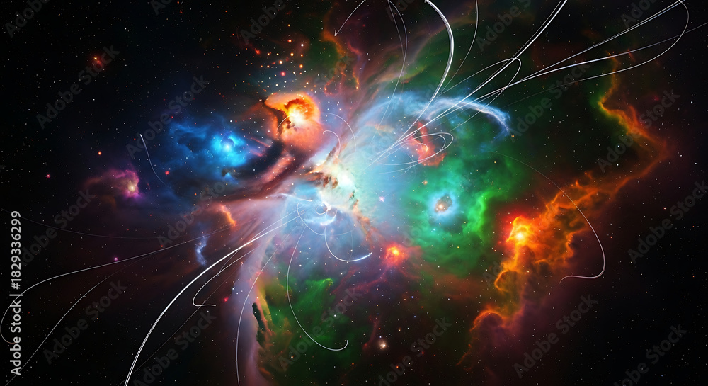Obraz premium Colorful cosmic nebula with glowing gas and dynamic light trails