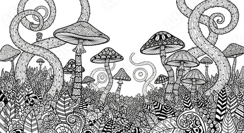 A whimsical black and white illustration of various mushrooms surrounded by intricate foliage and swirling vines
