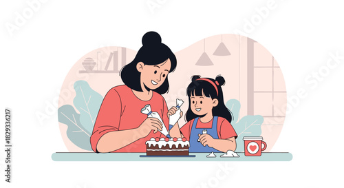 Delightful moment as mother and daughter decorate a delicious cake together, creating cherished memories and sharing sweet treats in cozy setting