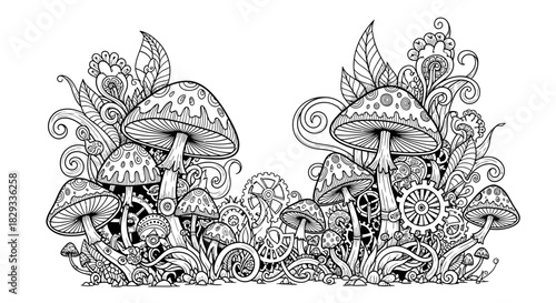 Intricate illustration of whimsical mushrooms intertwined with mechanical gears and foliage
