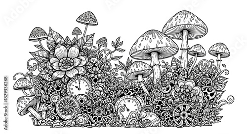 Intricate black and white illustration of mushrooms and flowers with whimsical details and patterns