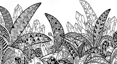 Intricate black and white illustration of abstract plants and crystals in a whimsical design