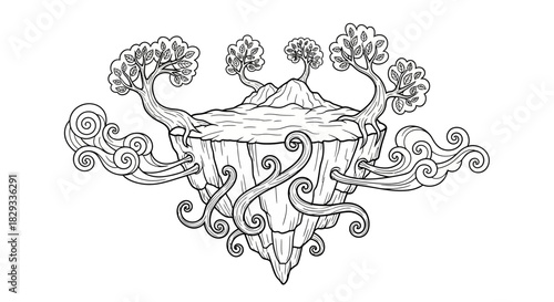 Floating island with trees and swirling winds, showcasing a whimsical landscape scene