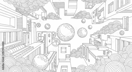 Abstract illustration of a futuristic cityscape with planets and clouds in a whimsical style