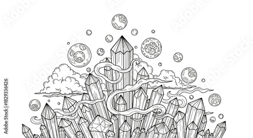 Intricate illustration of crystals surrounded by celestial bodies and clouds, evoking a mystical atmosphere