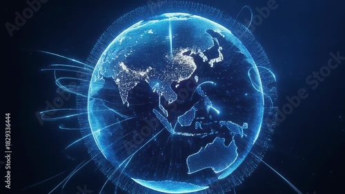 Abstract visualization of Earth showing global continents outlined by glowing blue digital lines representing worldwide technology connectivity and data networks