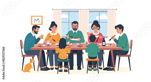 Happy family enjoying a delicious meal together at home in their modern dining room, creating joyful memories with love and laughter, pets included.