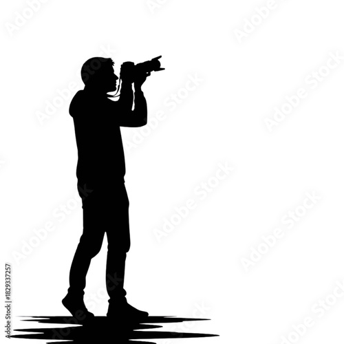 Black silhouette of a person taking a photo with a camera, tiptoe stance, minimal creative moment, transparent background.svg