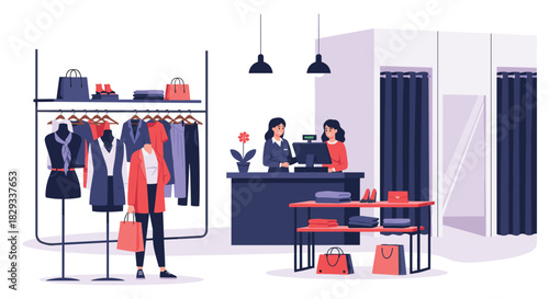 Shoppers enjoy retail therapy in a modern boutique, buying stylish clothes and accessories with sales assistants in a fashion-forward store environment