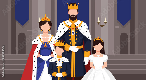Majestic royal family portrait illustration with king, queen, prince and princess standing together in castle for storybooks and family history