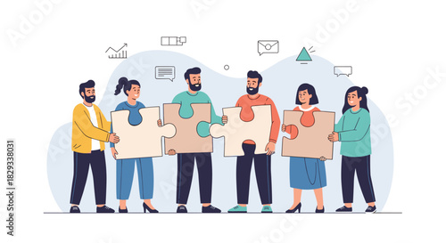 Diverse team connecting puzzle pieces together for business success, collaboration and partnership in a modern workplace, achieving goals together