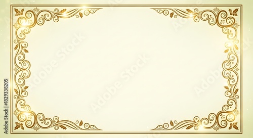 Elegant golden rectangular frame with ornate swirls and glowing accents, a classic vintage border for invitations or certificates
