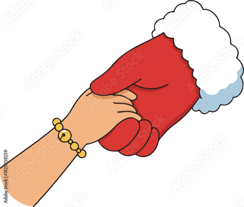 A heartwarming vector cartoon illustration of a small child's hand with a bell bracelet holding the large red-mittened hand