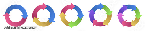カラフルなグラデーションの回転サイクル矢印（サイクル図）のセット　2〜6要素の循環プロセス矢印テンプレートベクターイラスト
