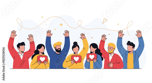 Diverse group celebrating online community and social media success with heart icons, raising hands in joyful unity and positive connection