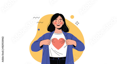Empowered woman revealing her heart and passion with a vibrant playful background, evoking love, strength, and inner beauty for uplifting messages.