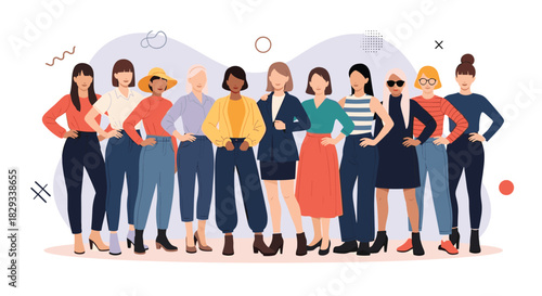 Diverse group of stylish women standing together, showcasing female empowerment and unity in modern fashion forward styles, perfect for lifestyle brands
