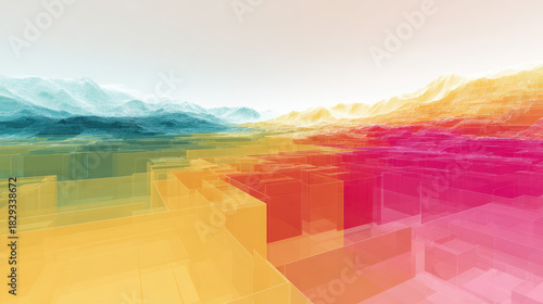 Colorful overlapping transparent shapes create futuristic landscape with vibrant gradient hues