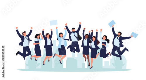 Dynamic team celebrating project milestone with enthusiastic jumps in modern city - a vibrant symbol of success, achievement, and collaborative energy
