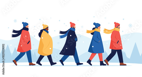 Diverse group walking in winter coats and scarves through a snowy landscape, a vibrant and modern illustration for seasonal campaigns