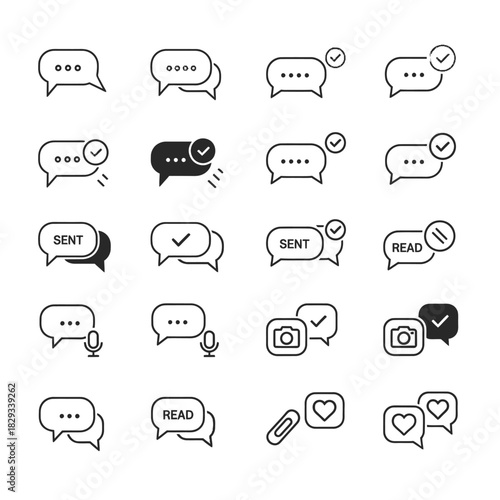 Chat message icon set, speech bubble with check mark, sent, delivered, read, typing, voice message, photo, attachment, love message.