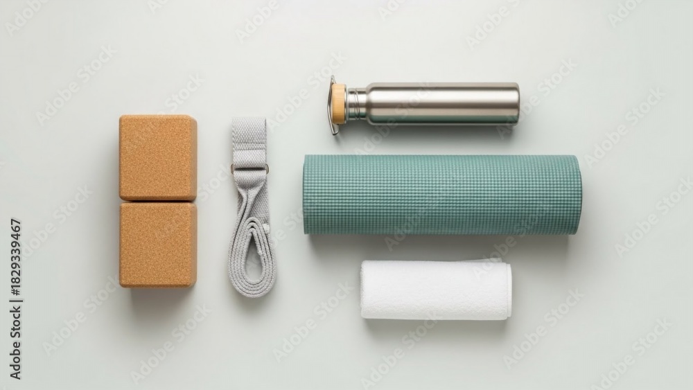 Obraz premium Yoga essentials arranged on a light background, including blocks, a strap, a water bottle, a mat, and a towel.