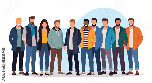 Diverse group of stylish young adults standing together, embracing community and modern fashion trends for vibrant teamwork and collaboration