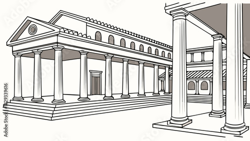 Stunning line art illustration of a classic Roman temple with detailed columns, perfect for historical designs and educational materials, originally vector graphics