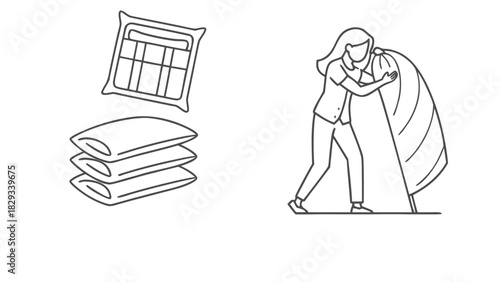 Woman pushes oversized beanbag chair with pillows and storage case, perfect for ads, educational content, design projects, or crafting a cozy atmosphere