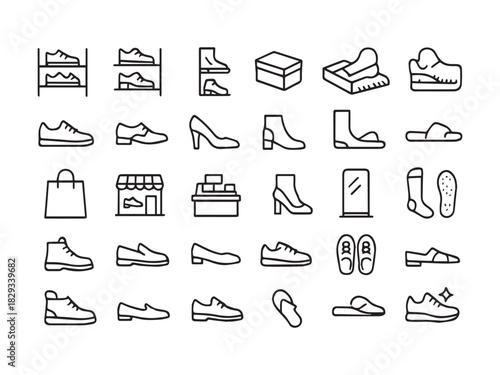 Shoe Store, Footwear, and Fashion Accessories Line Icons Set - Boots, Sneakers, Loafers, and Retail Vector