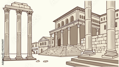 Explore the grandeur of ancient Roman architecture with this detailed line art, perfect for historical illustrations and educational materials with its timeless appeal