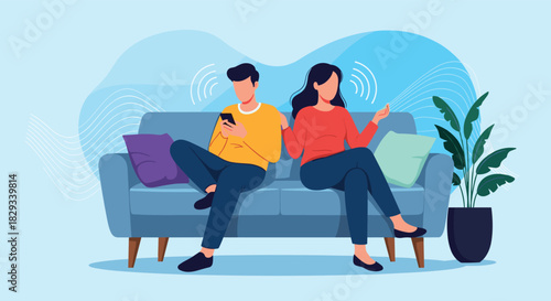 Connected couple relaxing on sofa with wireless devices, illustrating modern communication and digital lifestyle, enjoying leisure time together at home