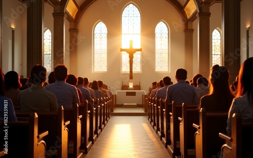 A diverse church congregation sits in pews during a service, sunlight streaming through stained-glass windows Peaceful, uplifting atmosphere of faith and worship , blessing, tranquility, interior