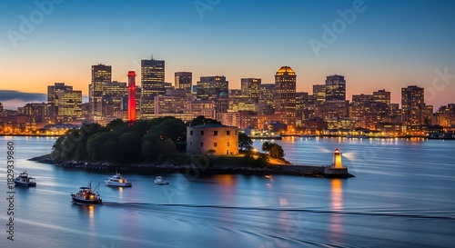 Alcatraz Island and San Francisco Skyline at Sunset with Boats on the Bay.