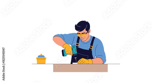 Skilled handyman diligently using power drill for home improvement project with safety glasses and gloves, ready for DIY success and modern living