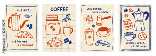 Whimsical coffee cafes card set. Hot drink cup, coffee and croissant breakfast poster template. Espresso, cappuccino hand drawn line art banner. Vector illustration