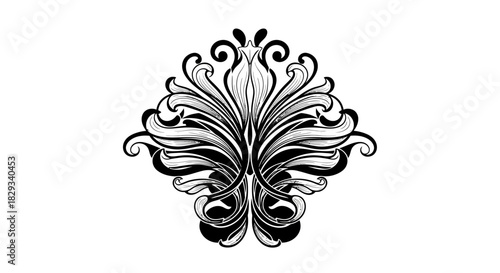 Intricate black and white floral design with swirling patterns, suitable for decorative use