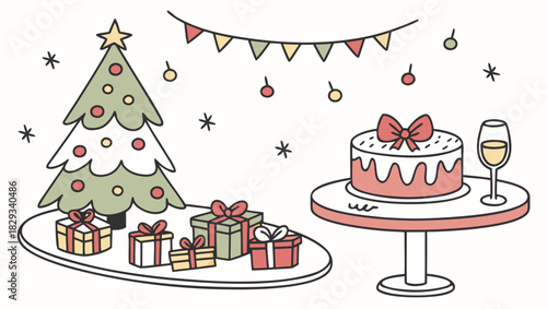 Delightful Christmas scene with presents, decorated tree, cake and champagne, perfect for invitations, social media, greeting cards and holiday designs