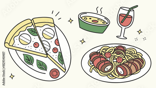 Enjoying a delicious Italian feast with pizza slices, tasty soup, spaghetti, and refreshing wine, perfect for a cozy dinner, originally a scalable graphic