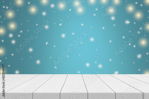 Abstract Blur Soft Focus Bokeh Bulbs Light In Blue Color Background With Star Glittering And White Wood Table Perspective For Show Promote And Advertise.