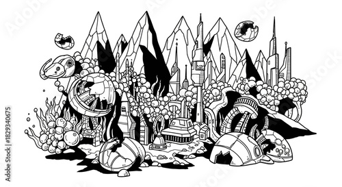 Futuristic landscape featuring alien structures, mountains, and mysterious objects in a surreal environment