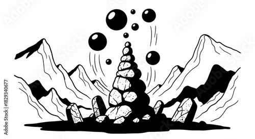 Stacked stones creating a whimsical tower amidst mountainous scenery with floating bubbles