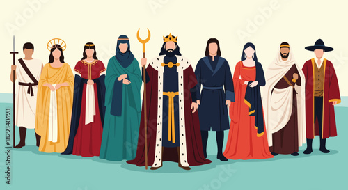 Diverse group of historical figures standing together in traditional clothing, perfect for educational resources and historical storytelling projects