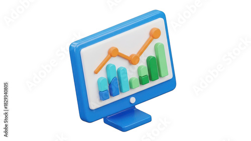 3d isometric illustration of a computer monitor displaying a colorful bar chart and line graph for business data analysis isolated on transparent background