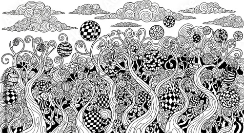 Intricate black and white illustration of whimsical trees with patterned orbs against a cloudy sky
