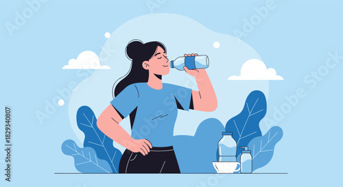 Stay hydrated for vitality a woman drinks water from a bottle, embodying wellness and healthy hydration in a serene, minimalist setting for your brand
